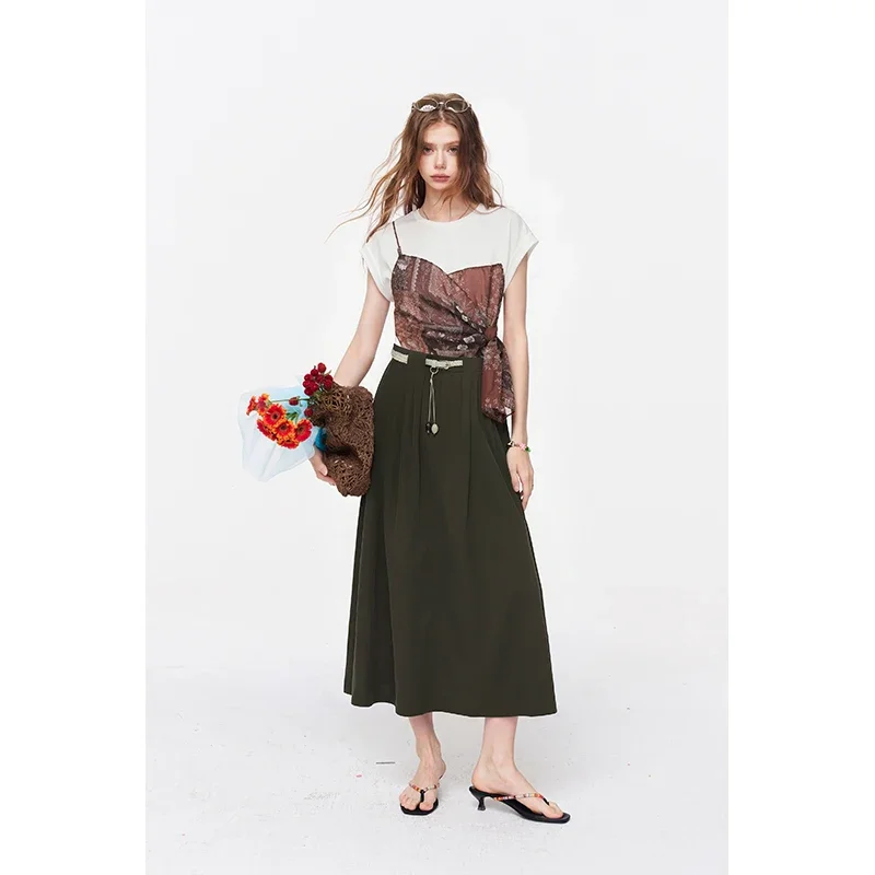 ELFSACK Bandana Patchwork T-Shirt Fake Two-Piece Paisley Print Knot Front Top Casual Slim Fit Y2K Style Tee
