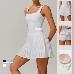 Tennis Dress For Women With Shorts Bodysuit Breathable Outdoor Sports Nude Tight Fitting Exercise Pocket Pleated Skirt