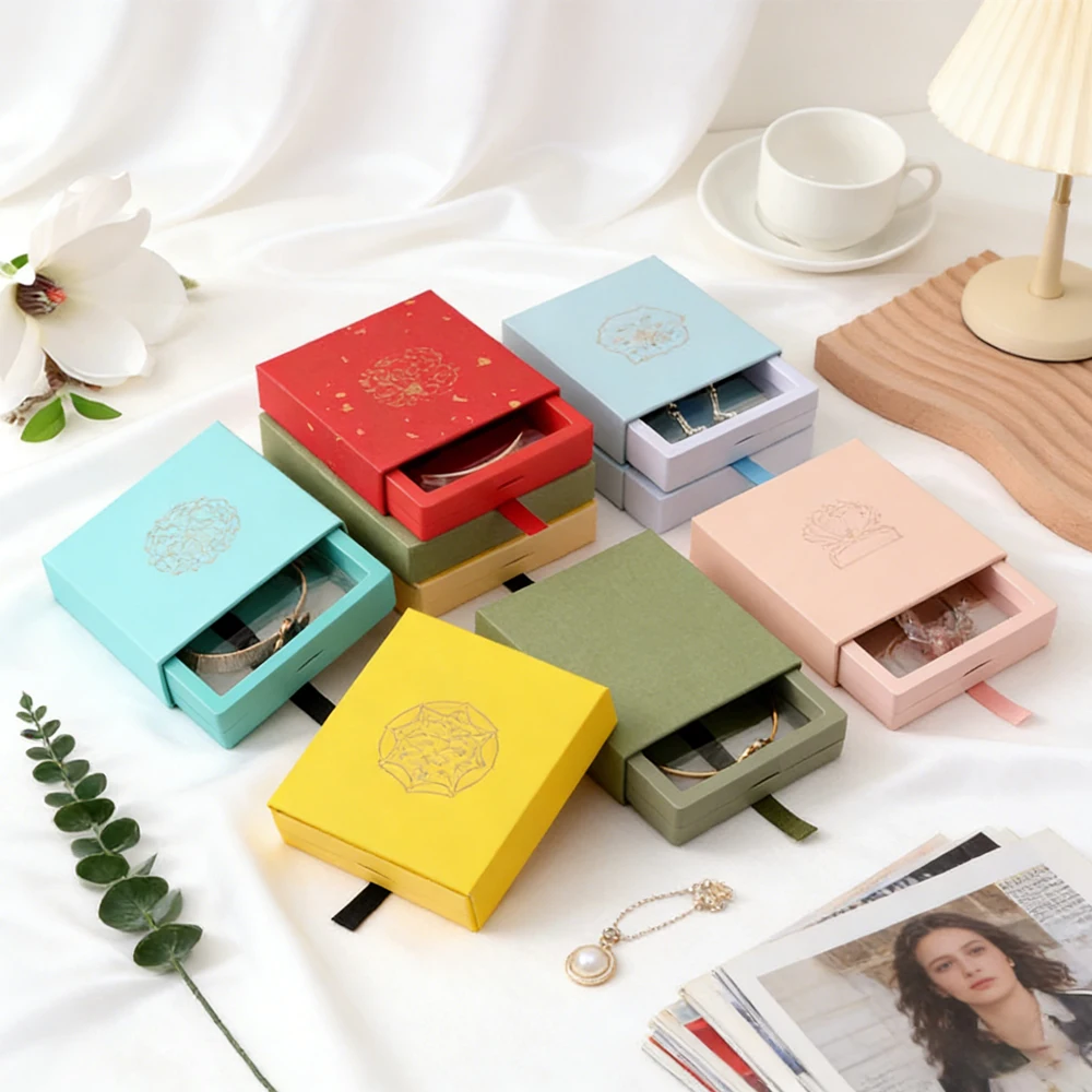 

30Pack Custom Logo Transparent PE Film Plastic Floating Frame Jewelry Display Case Boxes Packaging With Paper Drawer Gift Box