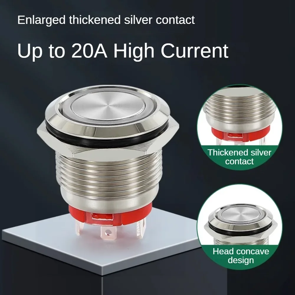16/19/22mm 20A High Current Metal Push Button Switch IP67 Waterproof LED Light Momentary Latching Car Engine Power Switch Red