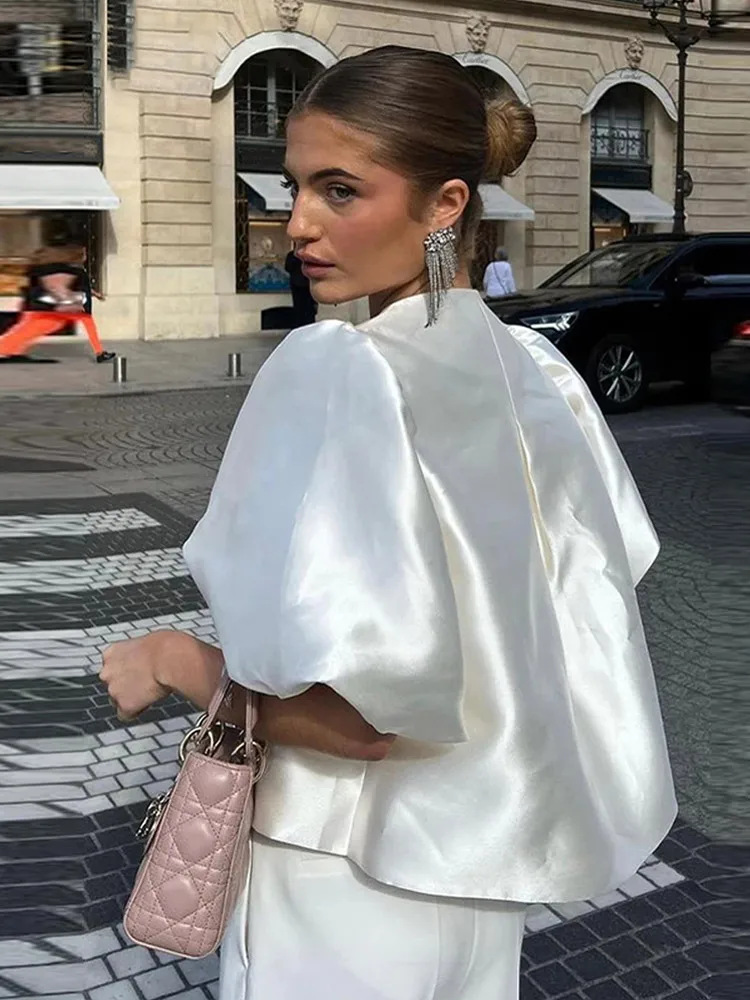Elegant Satin Women's Shirts O Neck Lantern Short Sleeve Loose Solid Female Blouse 2026 Spring Summer Fashion Street Lady Tops