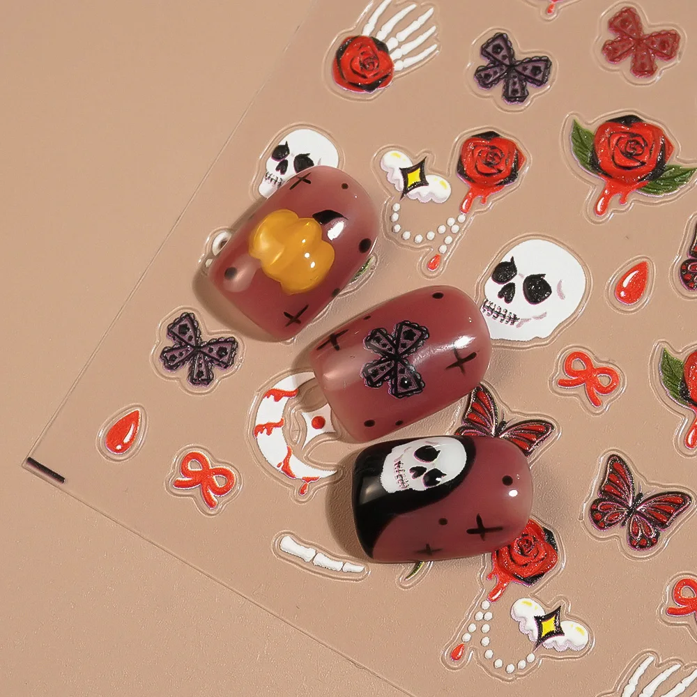 1/5/10 الجمجمة الأحمر روز فراشة Bowknot مسمار ملصقات هالوين 5D تنقش مسمار الفن ملصقات DIY بها بنفسك مانيكير الديكور الشارات