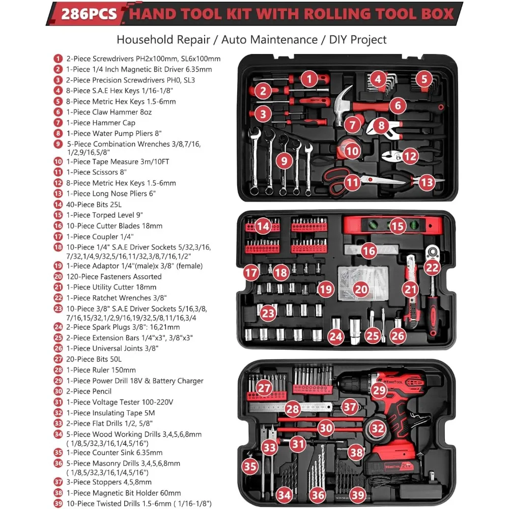 Tool Set Kit - 286 PCS Home Auto Repair Tool Kit with Rolling Tool Box, Mechanic Sets with 21V Max Cordless