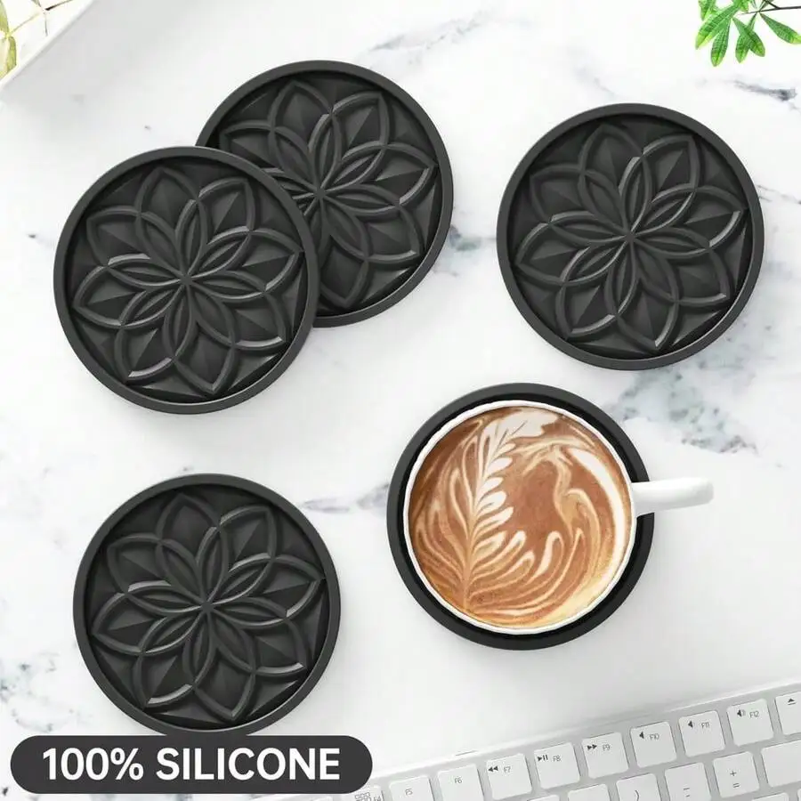 Silicone Coasters Set With Holder - 6 Pack Drink Coasters For Coffee Table Bar Desk Black view 6