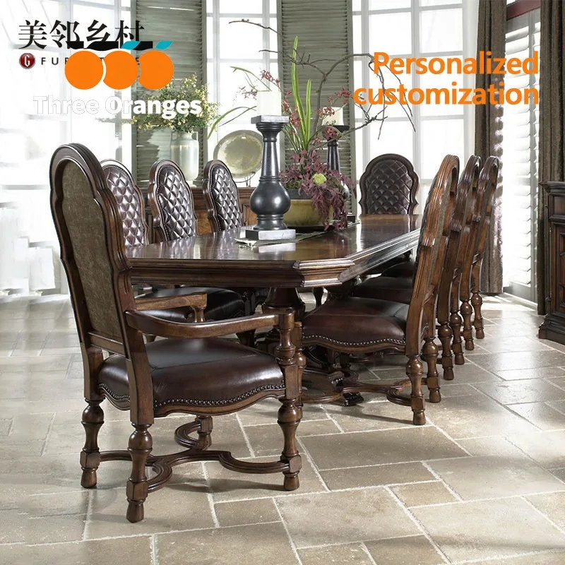 American European classical full solid wood carving flower leather cowhide dining chair armrest writing high back chair