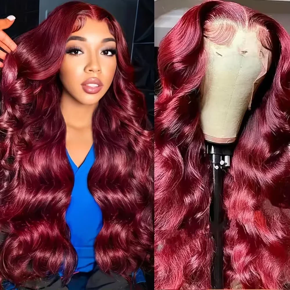 

Парик из натуральных волос 99J Burgundy Body Wave, 13x4, 13x6, HD прозрачный кружевной фронтальный парик, 50 дюймов, предварительно снятая линия роста волос, цвет 99J.