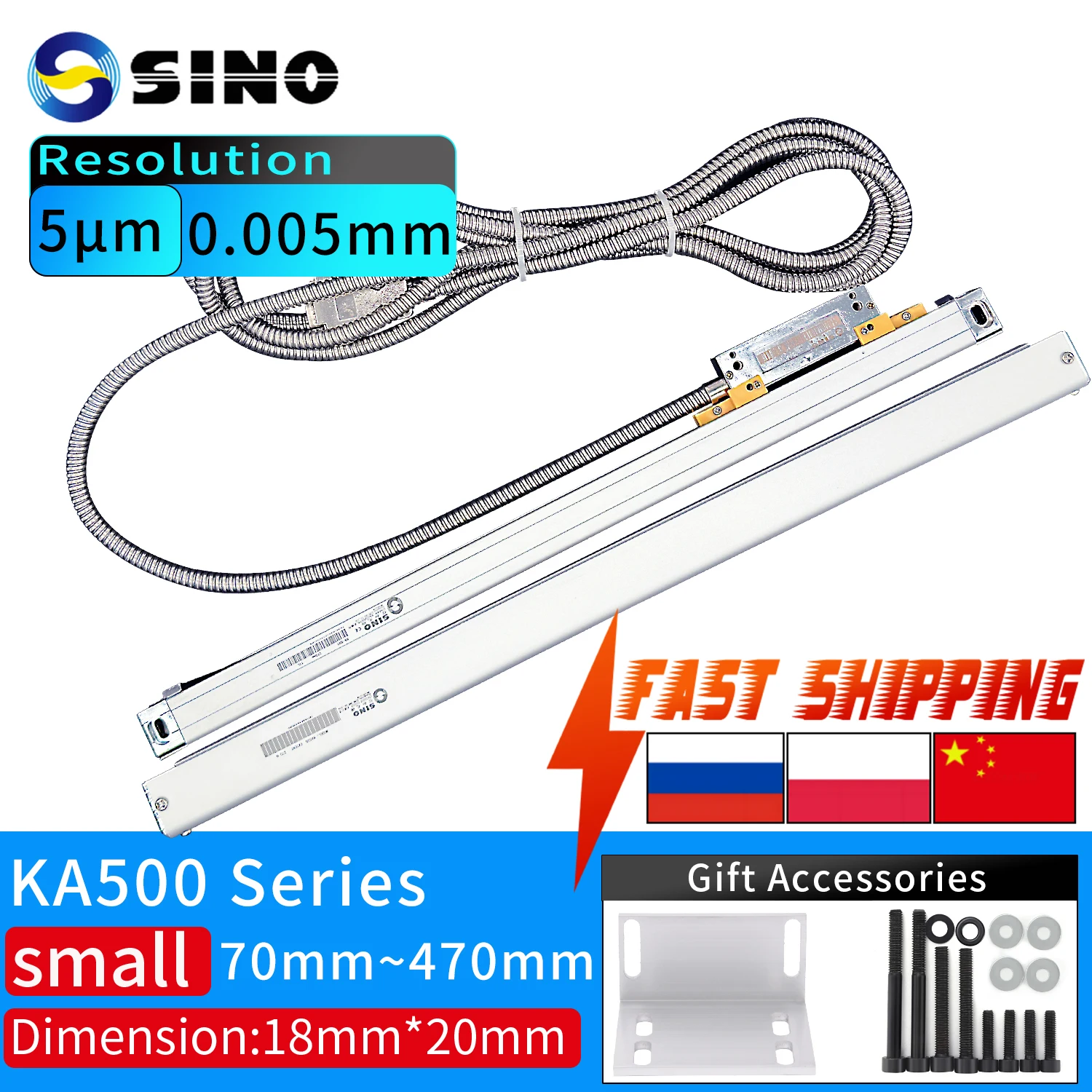 【1μ 70~420mm】SINO  KA500 Small Size Linear Scales 1um 5V TTL Optical Ruler Length 70 120 170 220 270 320 370 420mmmm Lathe Scale