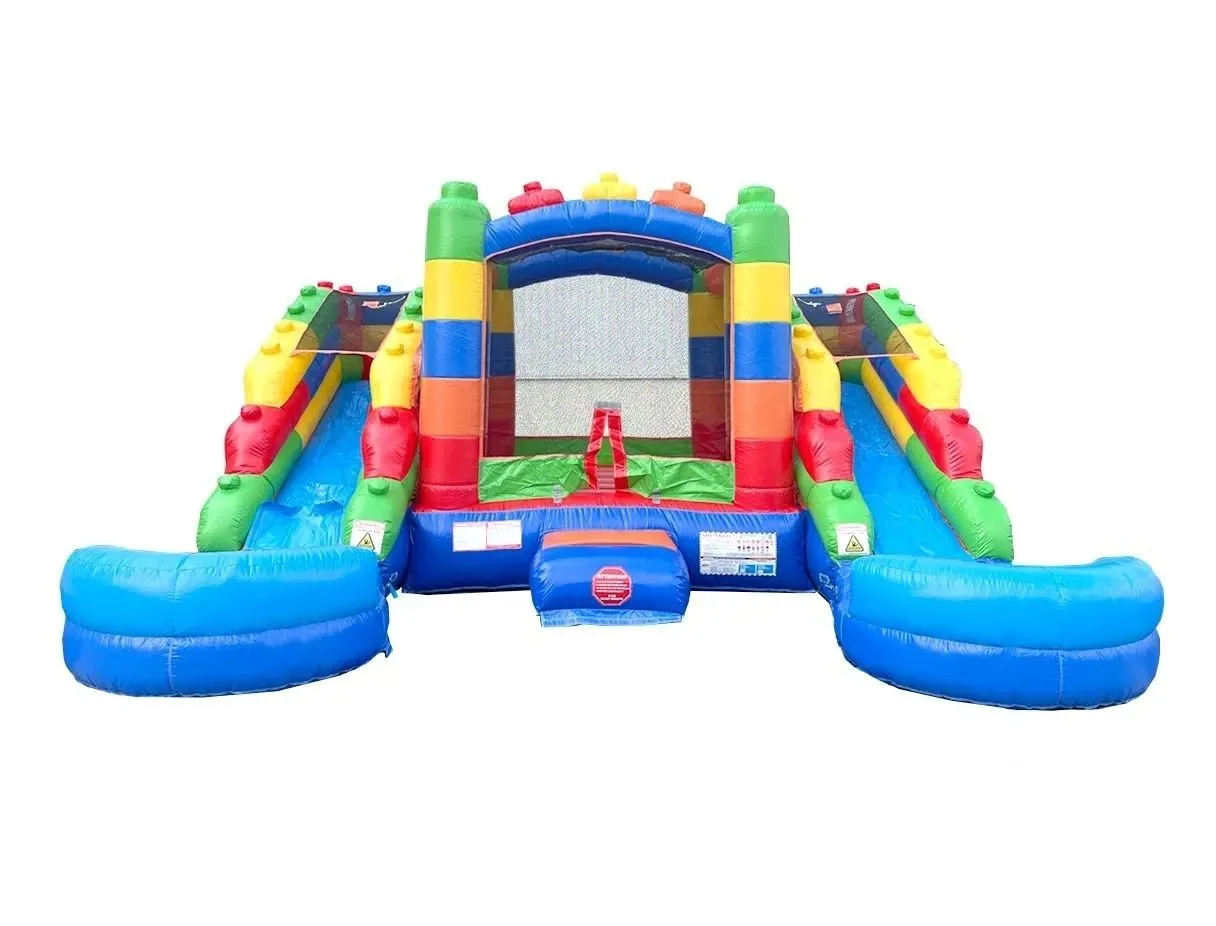 

16.3Lx15.1Wx10.9ft H Commercial Inflatable Bounce House Block Double Water Slide Combo with Blower