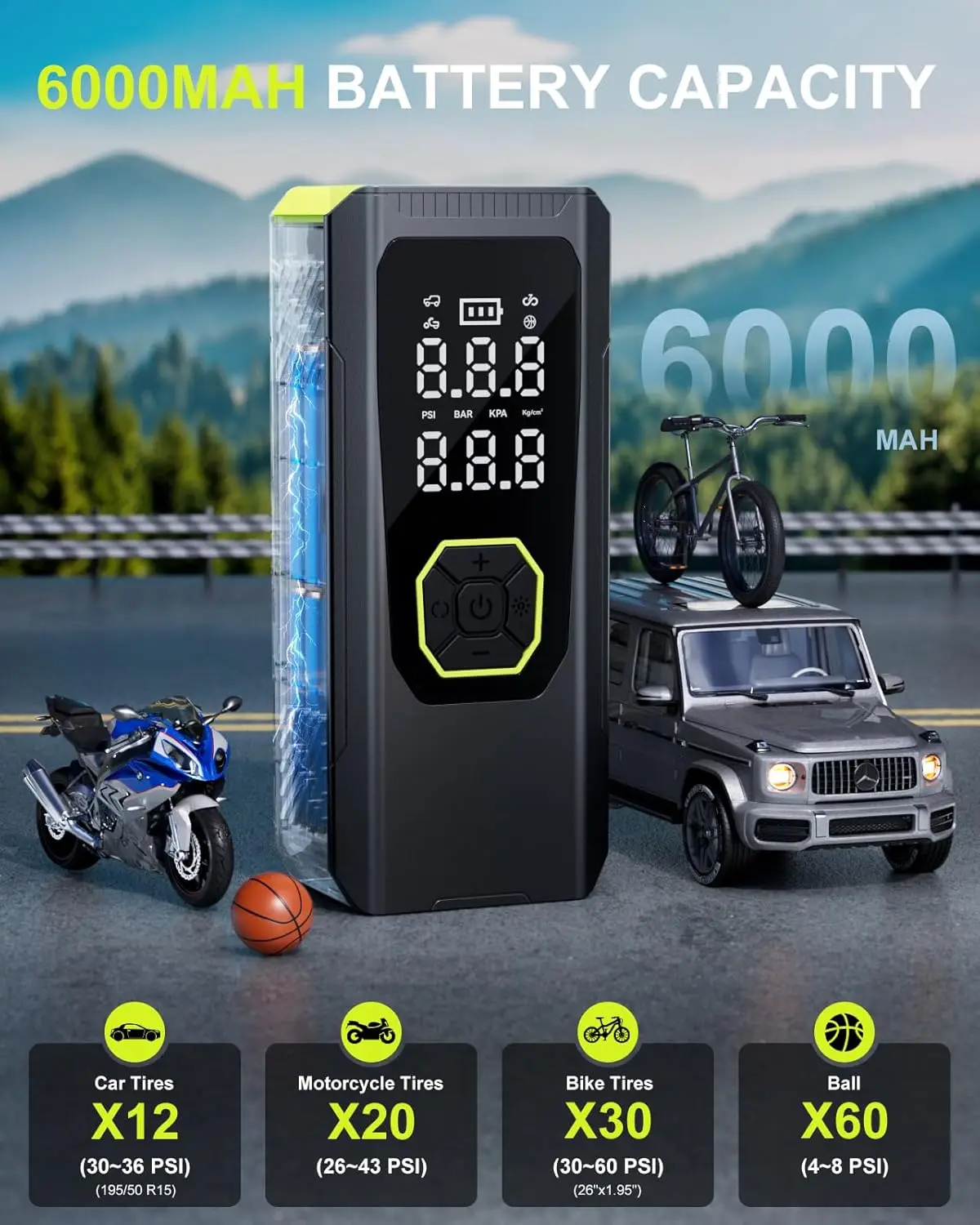 Multifunction  Compact Wireless  Electric Portable Car Bicycle  Motorcycle Bike Bicycle  Ball  air Pump 6000mAh  Tire Inflator