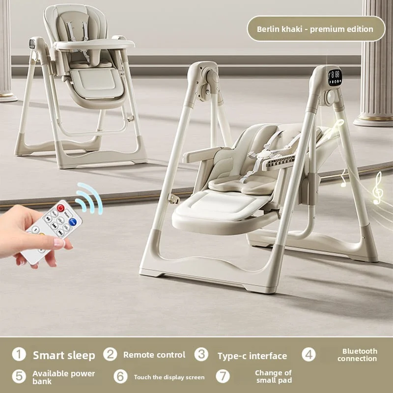 Slimme kinderstoel met Bluetooth, elektrische schommelstoel en fauteuil, 6-in-1 opvouwbare multifunctionele voedingsstoel voor pasgeborenen tot peuter