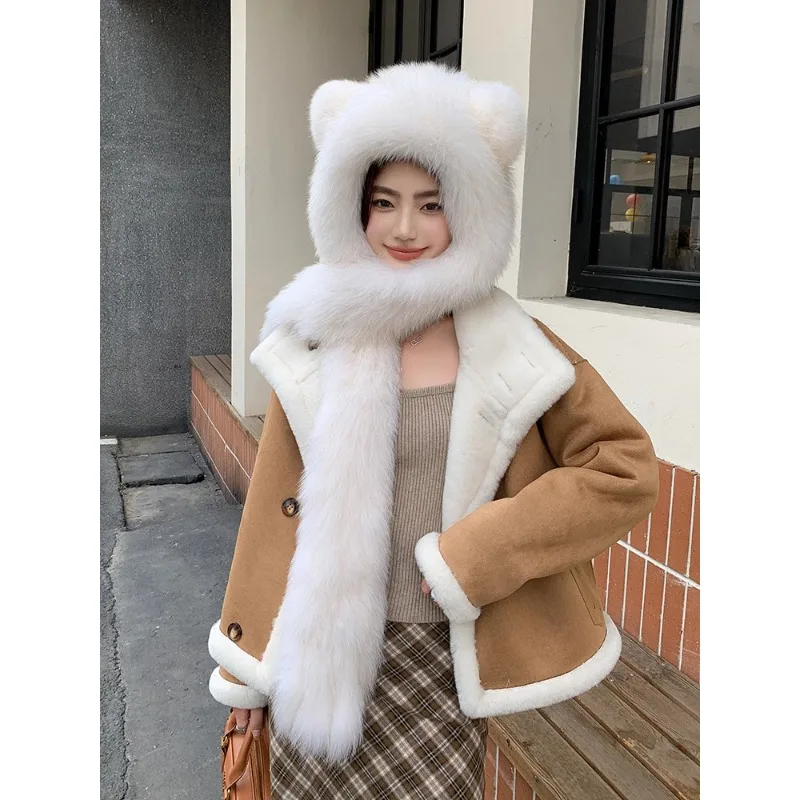 

Шарф из натуральной лисы с милым медведем, интегрированная зимняя шапка, женская меховая шапка двойного назначения, уличный теплый шарф с капюшоном