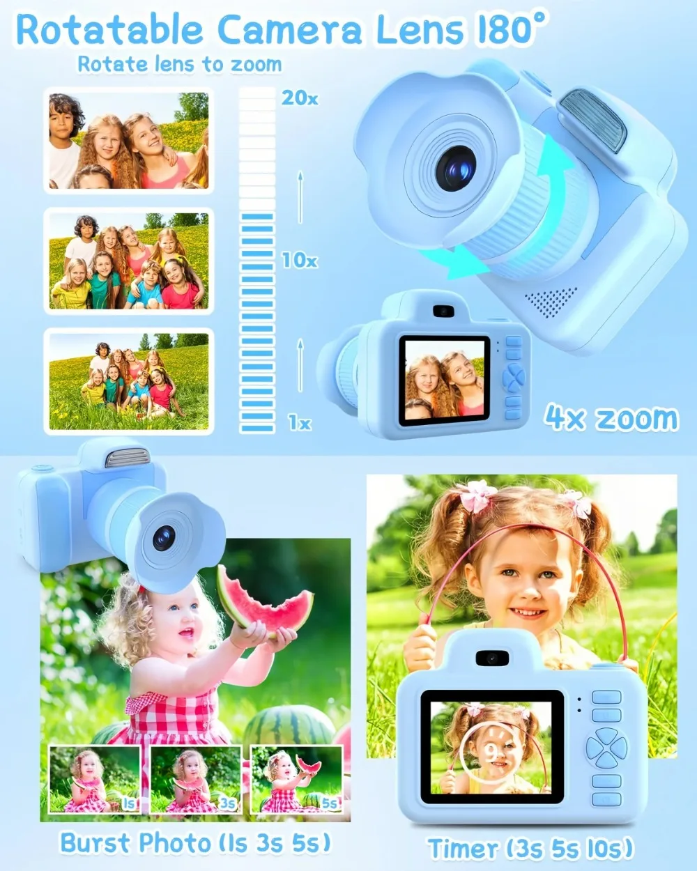 子供用カメラ おもちゃ 長レンズ ズーム フラッシュ 1080P 写真 ビデオ ミニカメラ 2.0インチスクリーン 子供用デジタルカメラ 誕生日 フェスティバル ギフト