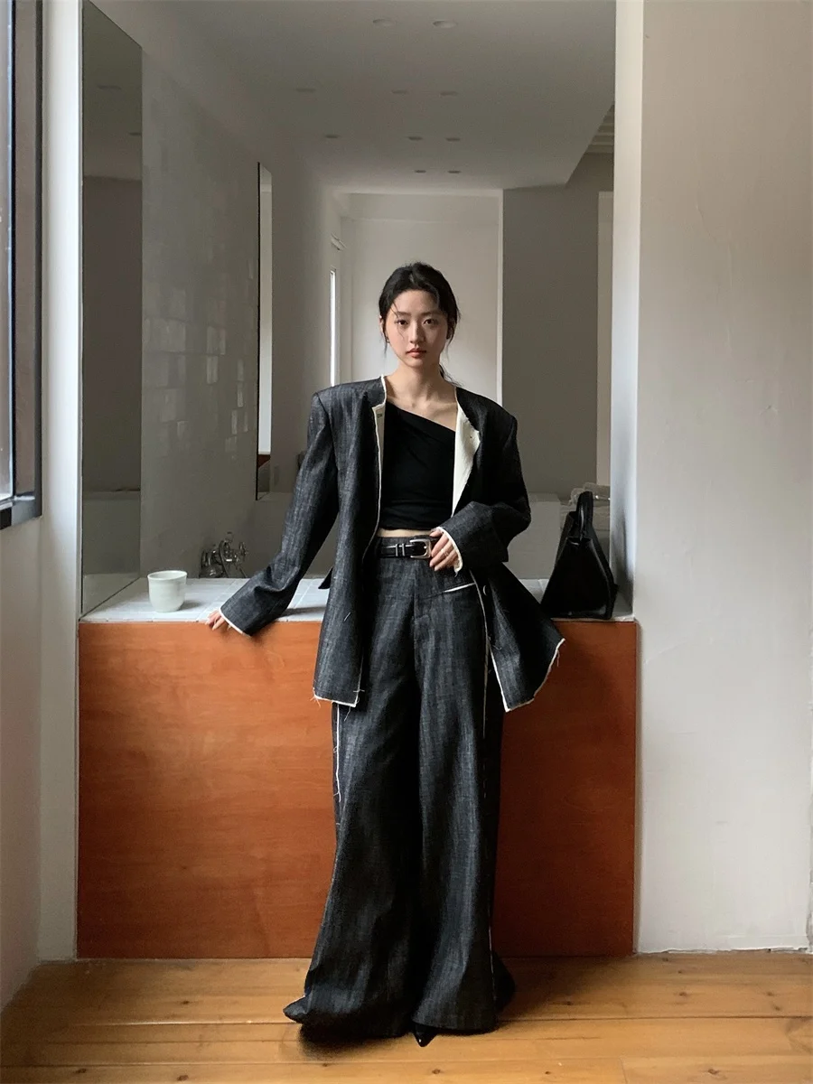 

TCCW Women's Wide Leg Suit Pants Spring New Sle Frayed Design High Waist Long Trousers Faionable Versatile Commute