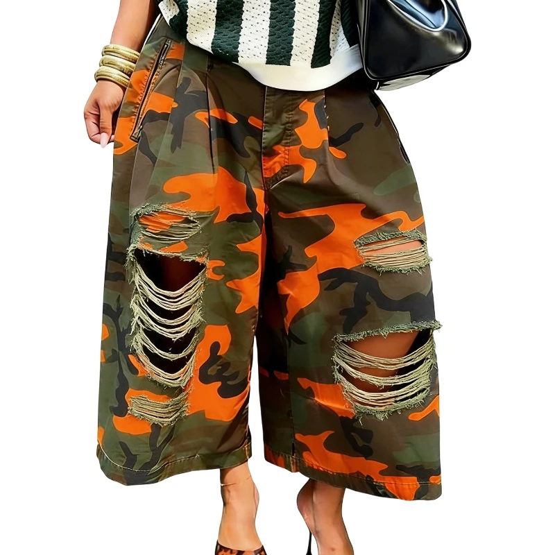 Women Denim Pant Jeans Vintage Camouflage Long Pants High Waist Straight Trousers Y2k Streetwear Elegant Work Casual Loose