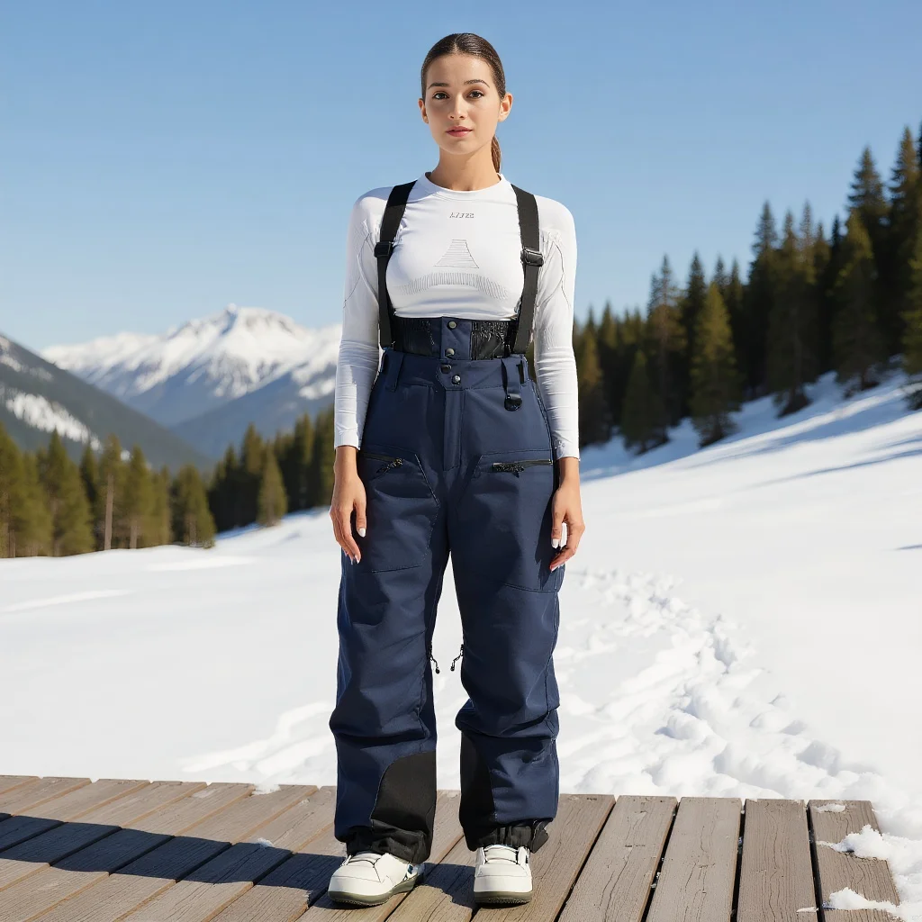 Новые лыжные брюки, женские уличные брюки с ремешком, теплые двухбортные ветрозащитные водонепроницаемые зимние спортивные брюки для отдыха, свободные зимние брюки с большими карманами