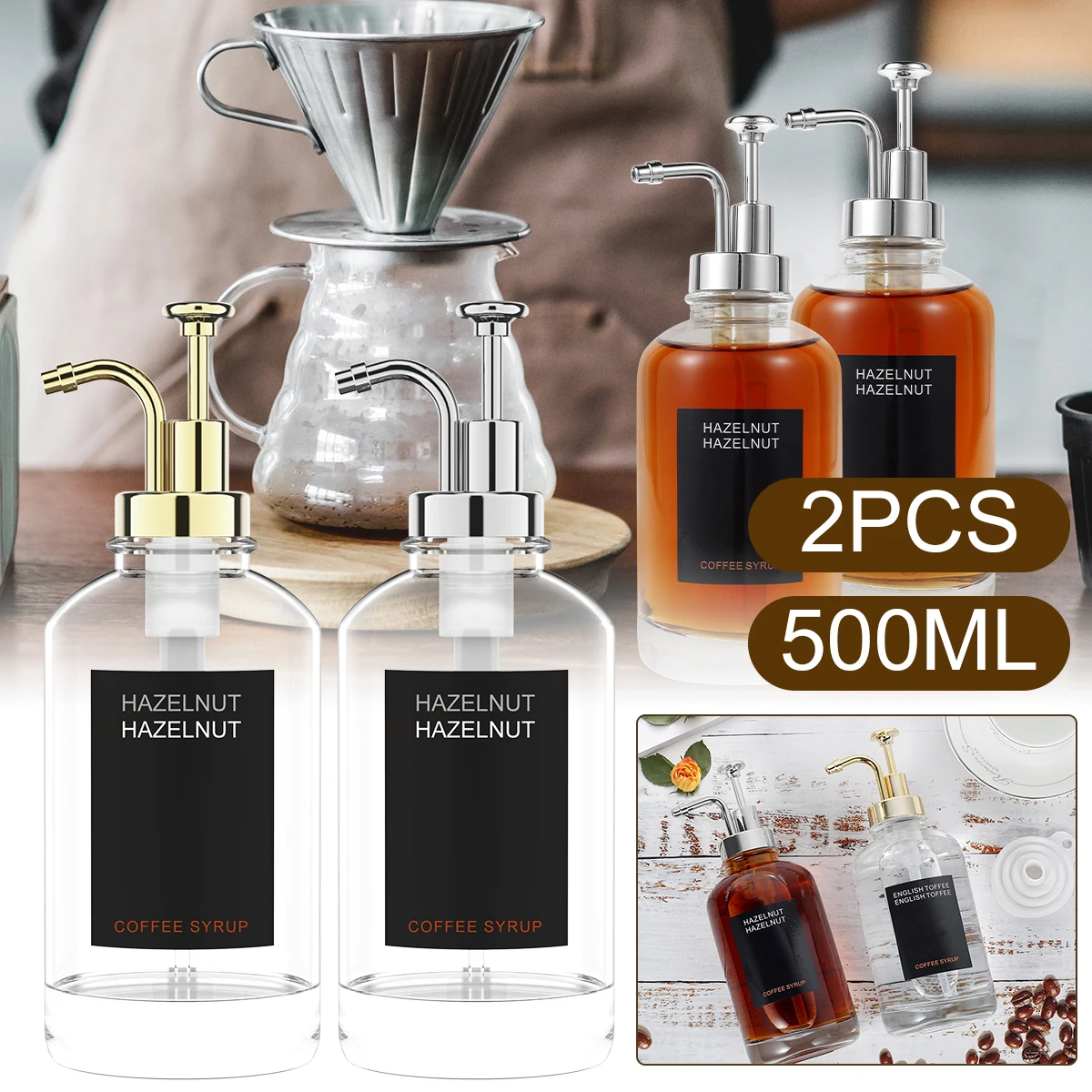 2pcs 500ml Clear Glass Coffee Syrup Dispenser Coffee Syrup Container Minimalist Syrup Bottle Portable Home Soap Dispenser Bottle