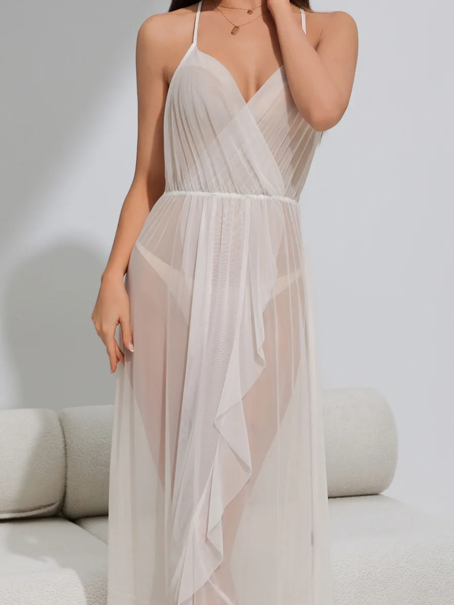 Malha sexy camisola para mulheres verão rendas com decote em v alça longa camisola homewear vestido transparente para mulher casaul elegante gj1r