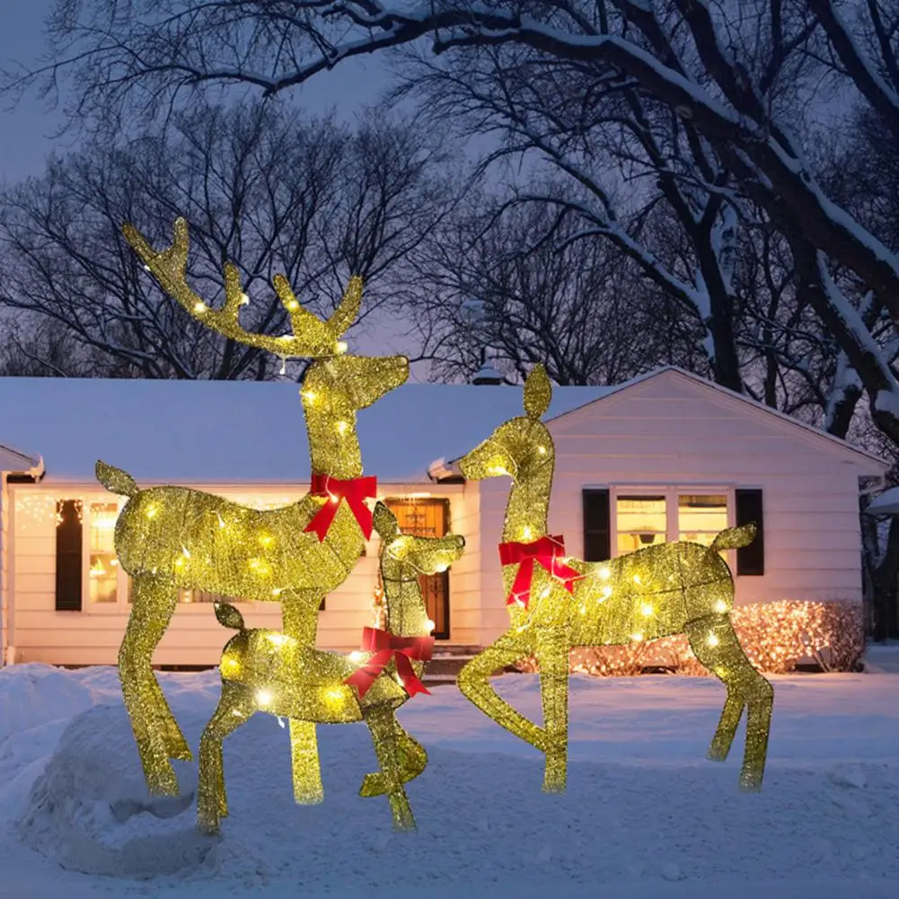 

Led Reindeer Ornament Christmas Deer Family Ornament with Bow Metal Standing Reindeer Decoration for Indoor Outdoor Use 3d Led