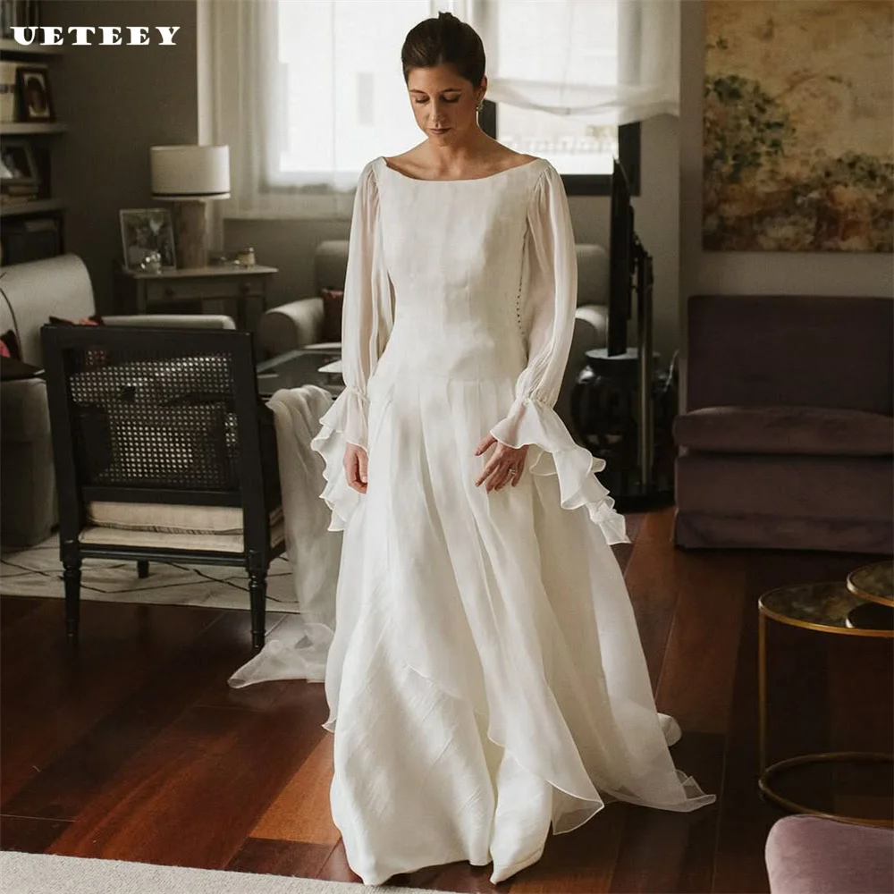 

UETEEY Customized Puff Sleeves Chiffon O Neck A Line Wedding Dress For Women Ruched Floor Length Bridal Gown vestidos de novia