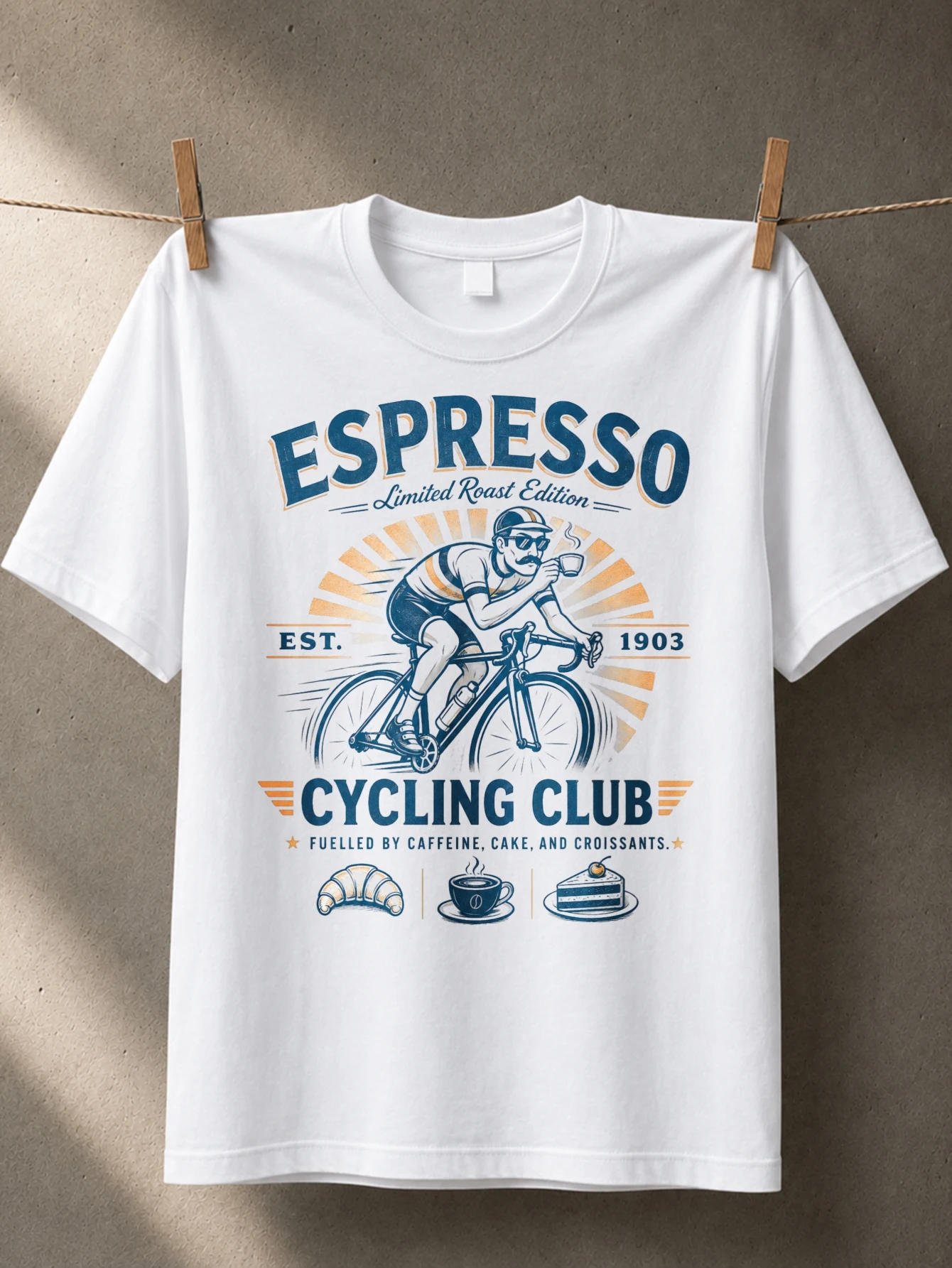 Espresso Cycling Club with cyclist drinking coffee croissant cup cake and limited roast edition  Unisex All T-Shirt