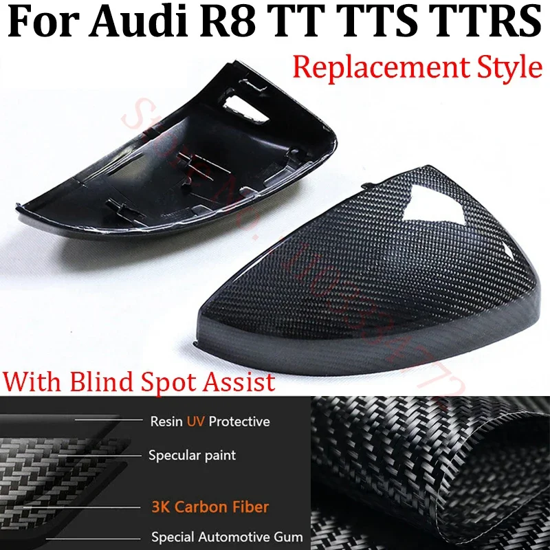 

Real Carbon Fiber Car Side Mirror Covers For Audi R8 TT TTS TTRS 2015-2023 Cover Trim Cap Shell Frame Case Blind Spot Assist