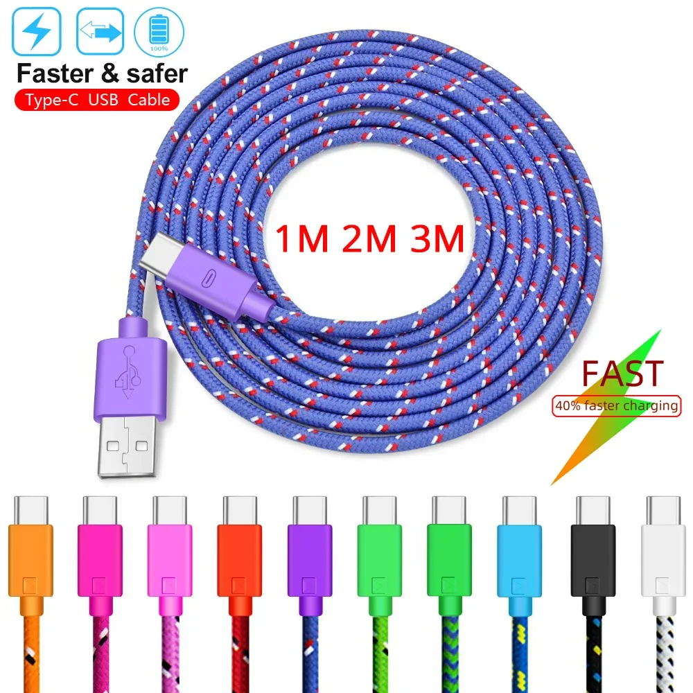 1m/2m/3m Nylon woven USB-A Fast Charging USb-C Type-c data cable Phone Charger Cord For Samsung S23Ultra Huawei P40 Xiaomi 13