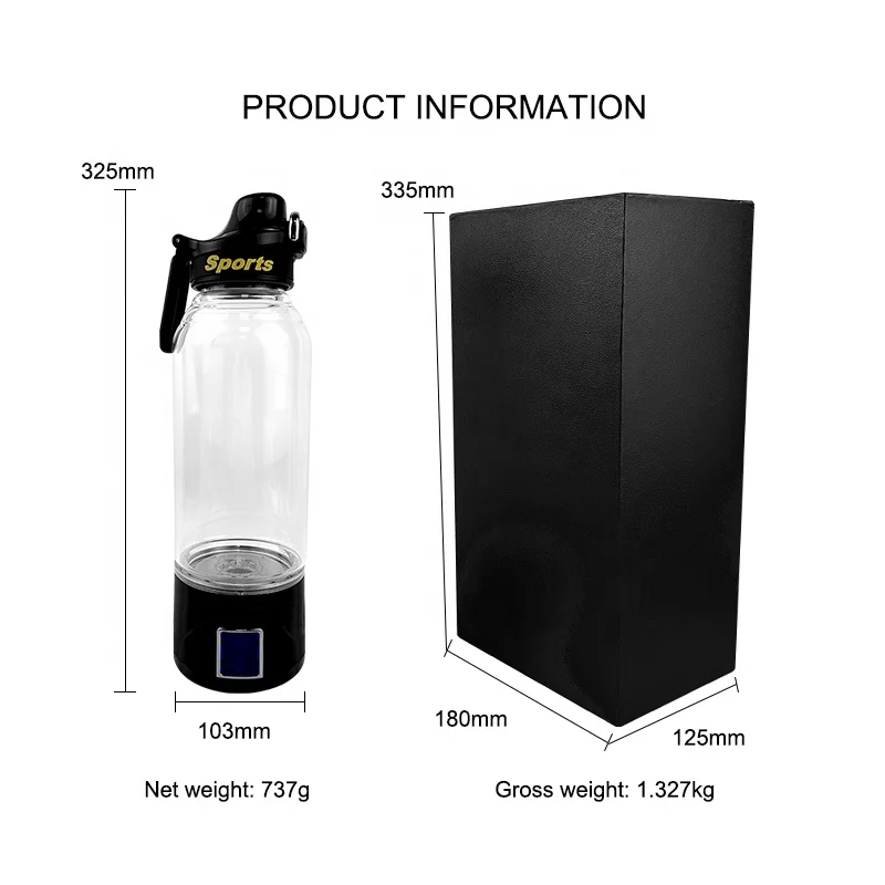 Portable Sport Hydrogen Water Generator Bottle BPA Free Large Capacity 1000ml Black Hydrogen Rich Water Bottle