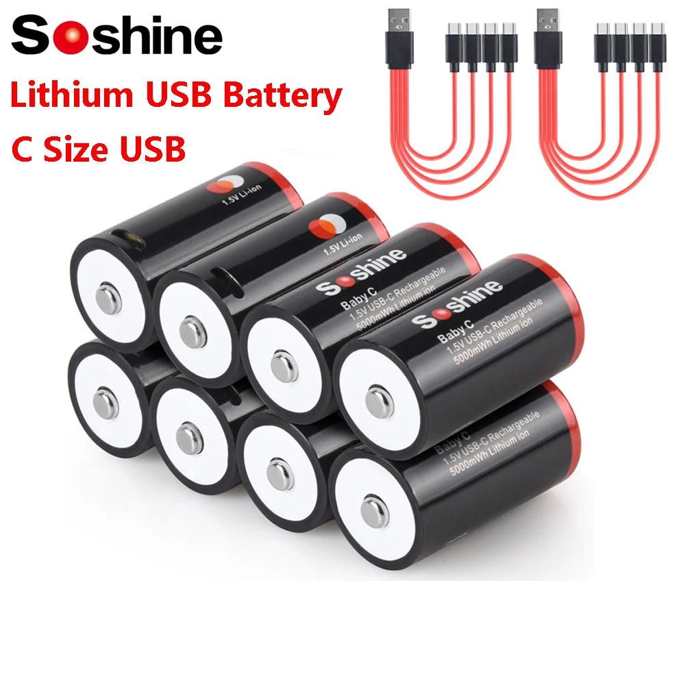 Soshine C Size Lithium USB Battery 1.5V 5000mwh Rechargeable Batteries USB Li-ion Battery for Emergency Lights Electronic Piano