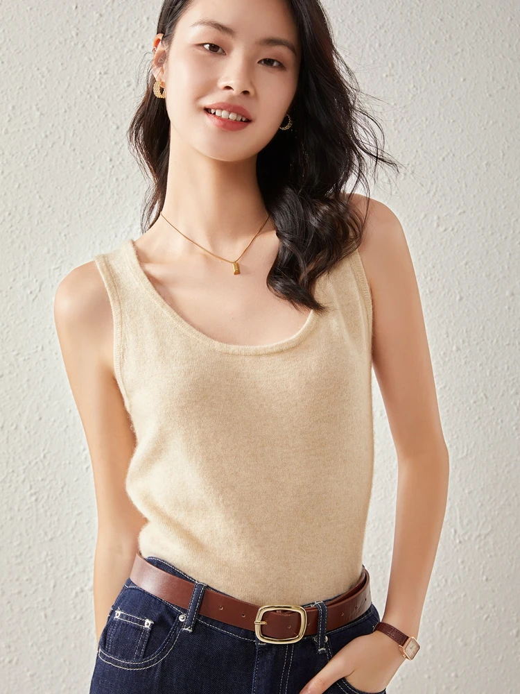 ADDONEE Women Summer Vest O-neck Basic Casual Soft Thin Cashmere Sweater 100% Cashmere Knitwear Sleeveless Pullover Sweater Top