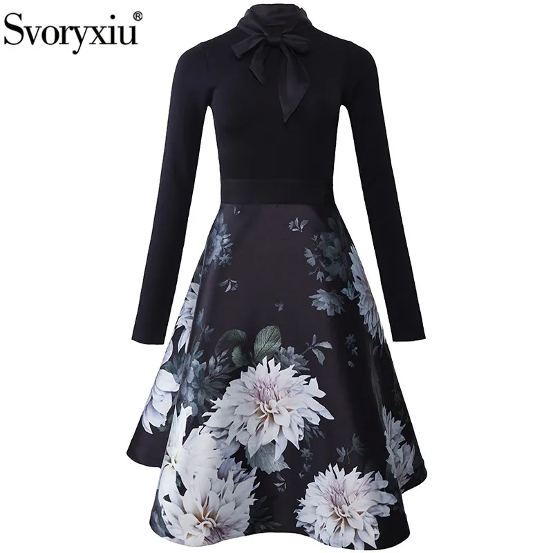 

Svoryxiu Runway Fashion Autumn Dress Women's Elegant Long Sleeve Big Flower Print Office Lady Black Dresses Vestdios XXL