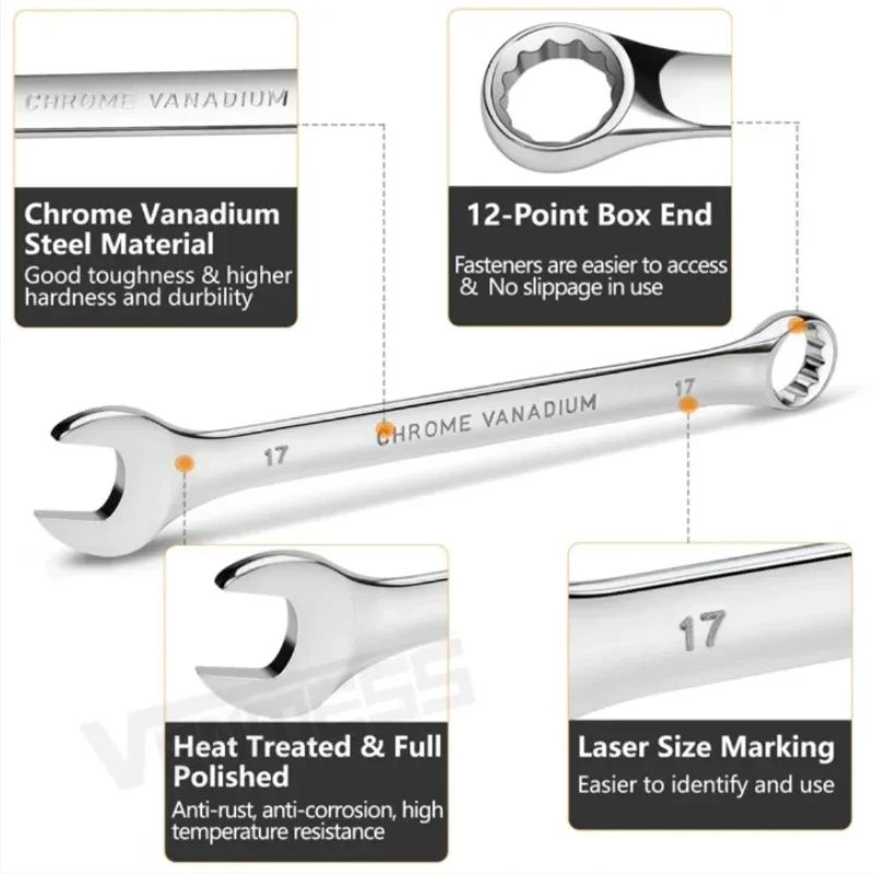 Combination Wrench Set,12-Point Open and Box End Spanners For Garage,Car Repair Tools,With Mirror Finish,Heat-Treated Cr-V Steel