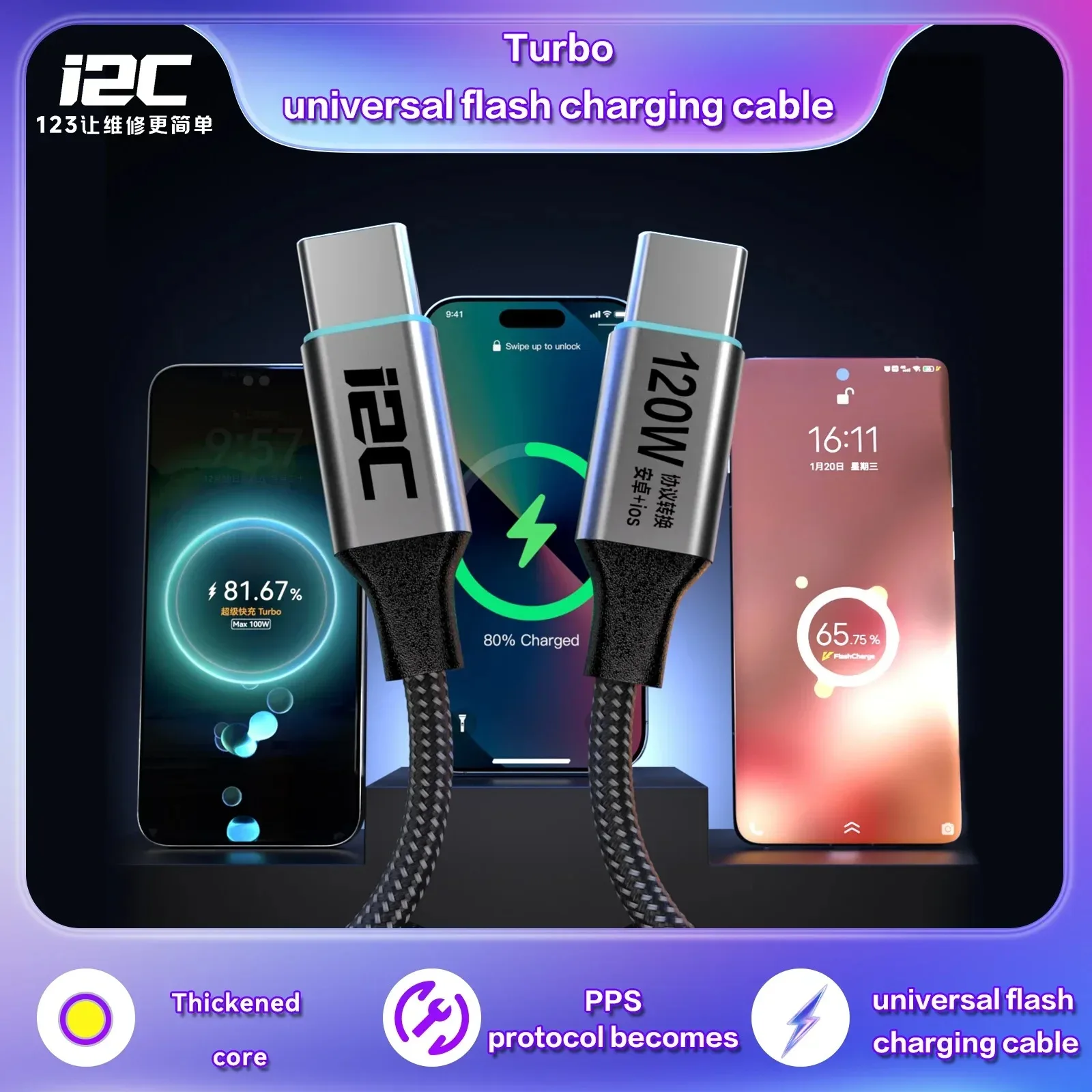 i2C Turbo PPS Protocol Conversion Line 65W 120W USB-C to USB-C Cable 1.2m/1.8m for iPhone 15 16 Android Fast Charging Activation