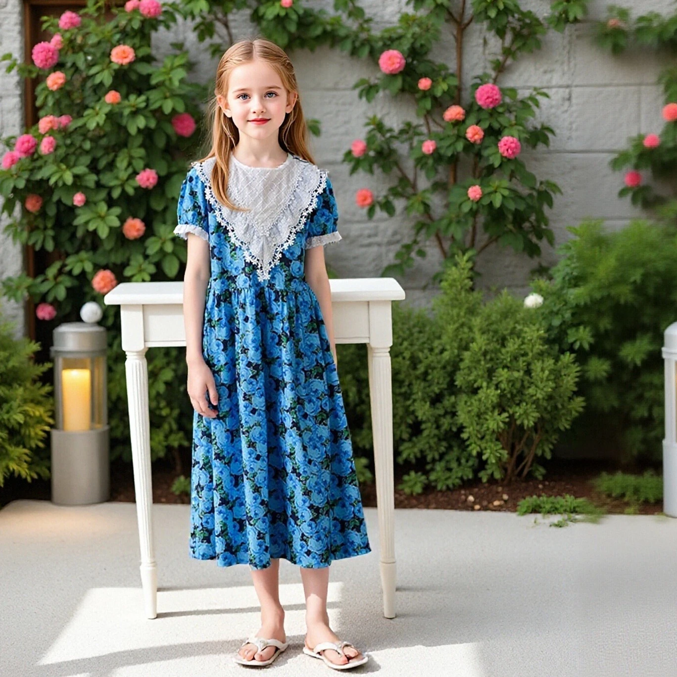 Girls Blue Rose Floral Dress Lace Collar Puff Sleeve Dress Ruffle Trim Kids Summer Casual Party Wear Teen Holiday & Daily Outfit