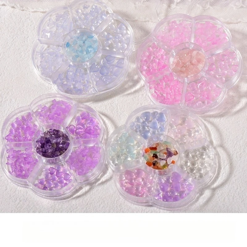 1 Set Photochromic Transparent Heart Nail Kit Color Changing Jelly Bow Bear Natural Crystal Stone DIY UV Gel Nail Decor Box