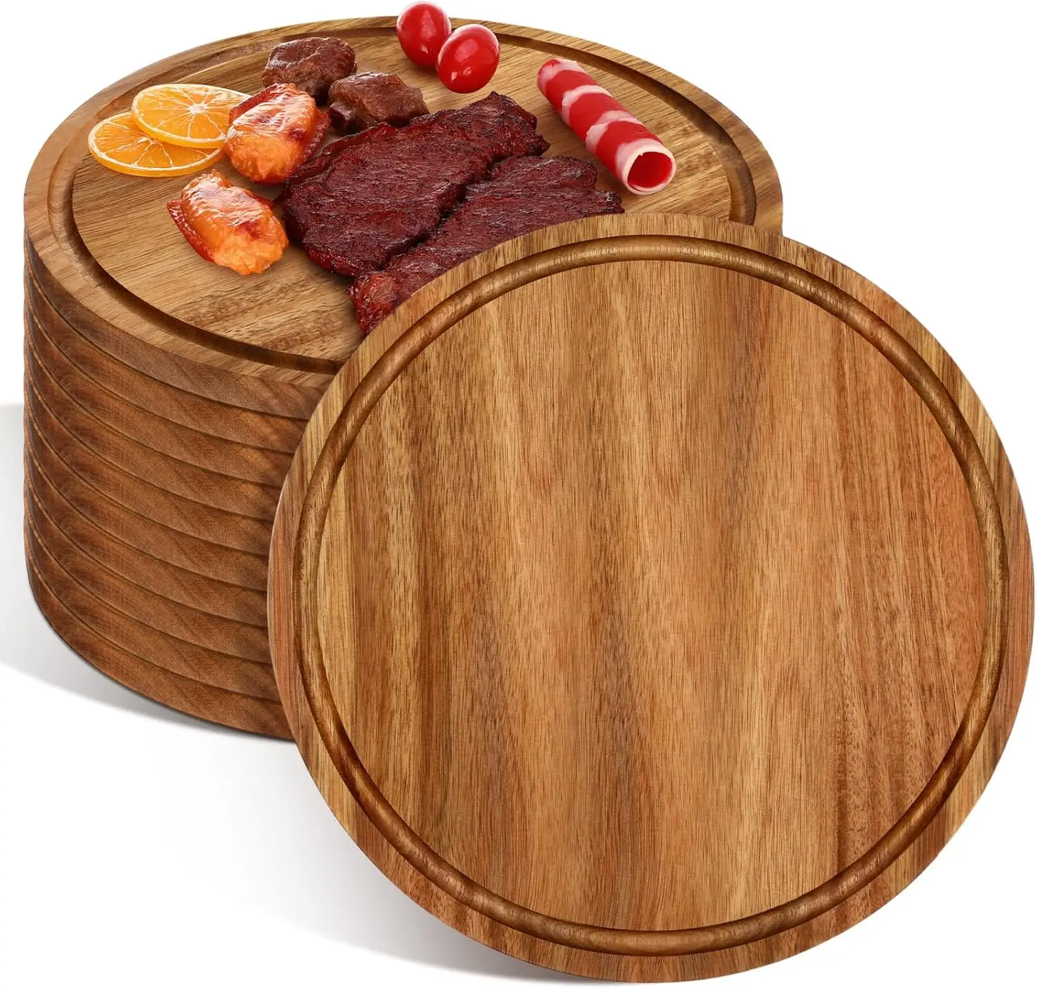 

10 Pcs Round Wood Cutting Boards Bulk 12 Inch Acacia Wooden Charcuterie Boards 0.6 Inch Thick with Juice Groove Bread Pi