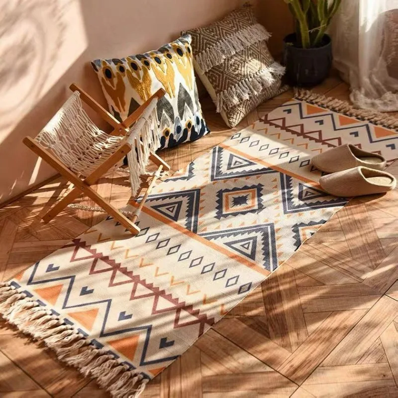 

Скандинавский этнический ретро-стиль, хлопковый льняной напольный коврик для гостиной, противоскользящий коврик L, диван, журнальный столик, коврик для ног, коврик для ног, пляжный коврик
