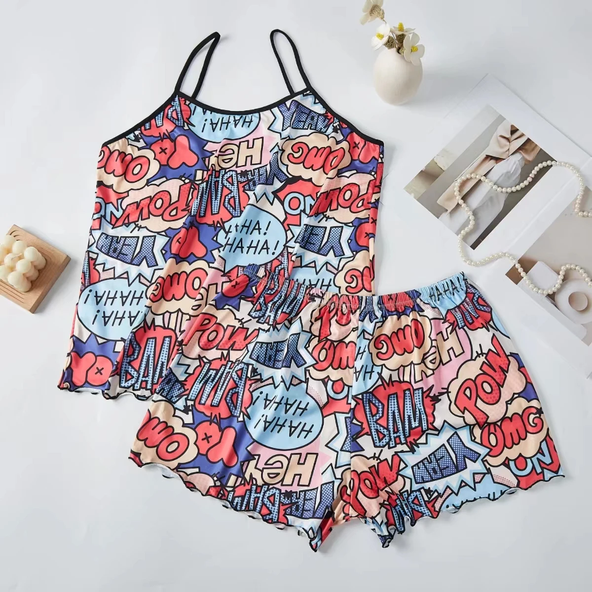 Women Pajamas Sleepwear Pajama Set Sports Camisole And Shorts S M L Multicolour Cartoon Rich Color Print Ventilate Comfortable