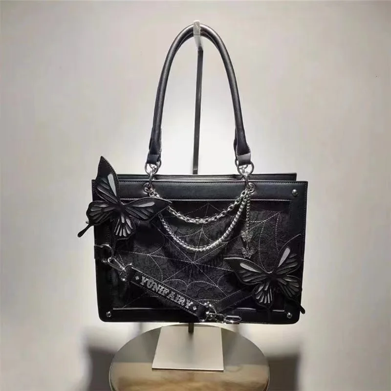 

New Original Niche Design Ulzzang Ita Bag JK Uniform Handheld Tote Bag Girl Lolita Gothic Spider Web Dark Series Bag