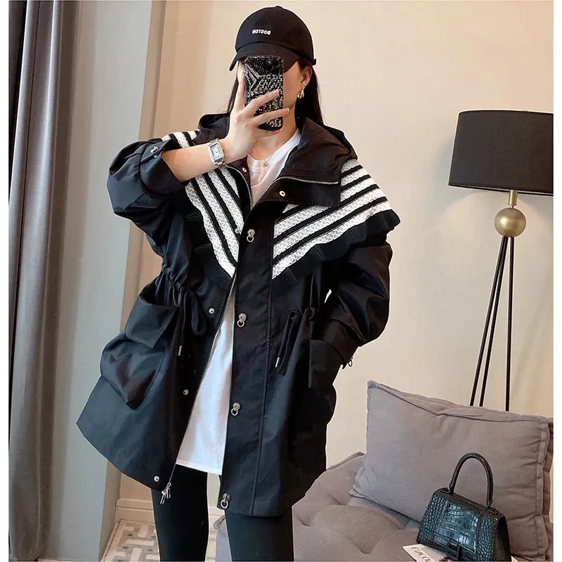 

Black Hooded Windbreakers Female 2023 New Design Sense Casual Windsight Loose Jacket Women's Spring Autumn Korean Outwear Tops