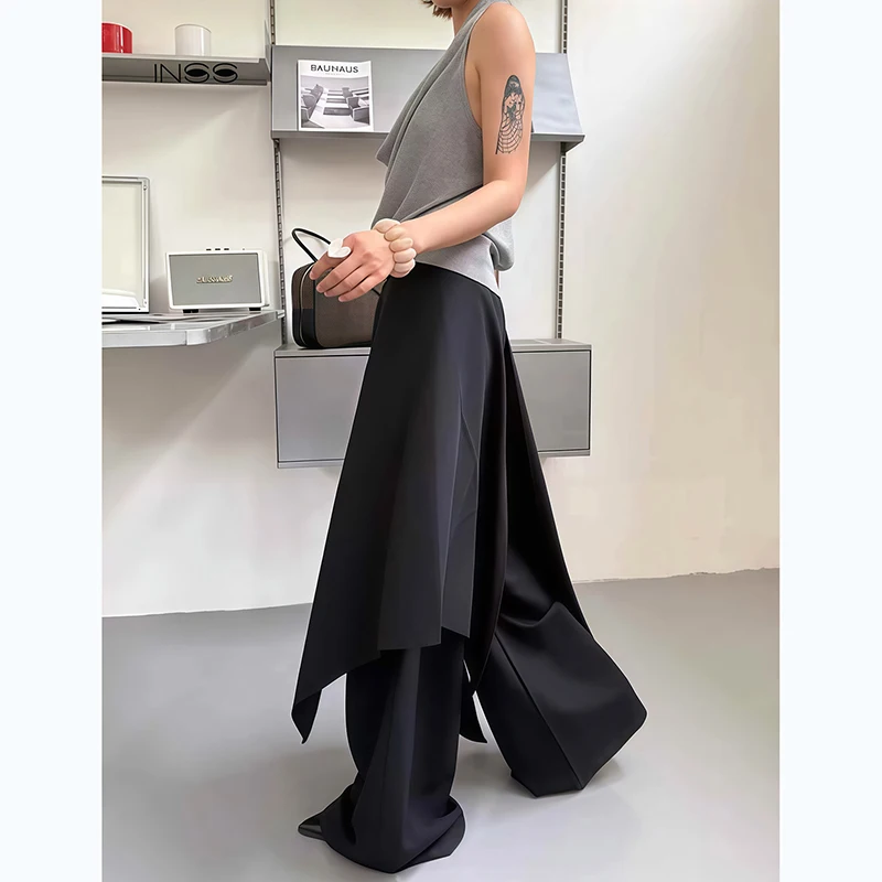 RORORIRI Vrouwen Zwarte Cargo Wijde Pijpen Broek Techwear Koreaanse Lazy Chic Loose Fit Fake Tweedelige Lange Broek Kantoor Outfit