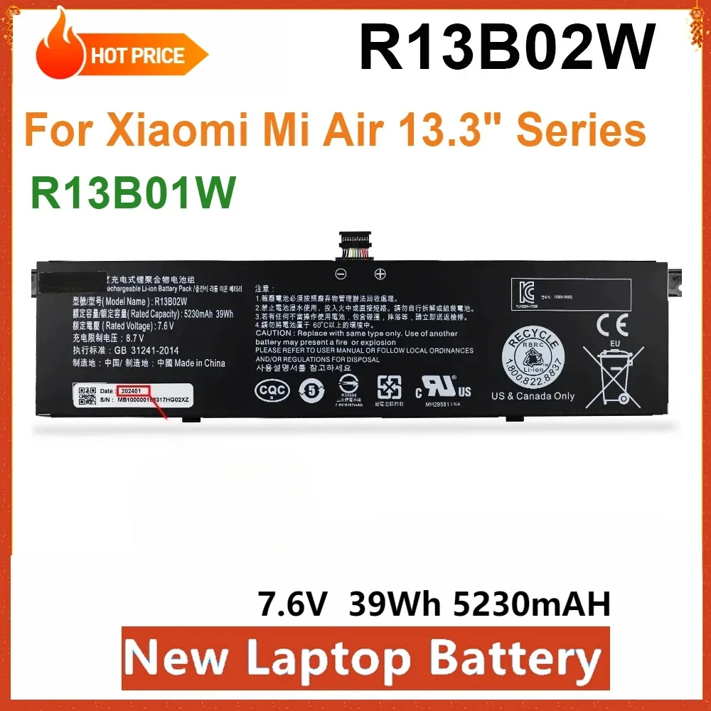 

New R13B02W Laptop Battery for Xiaomi Mi Air 13.3" Series Tablet PC 5230mAh 39WH High Quality R13B01W in Stock 161301-01