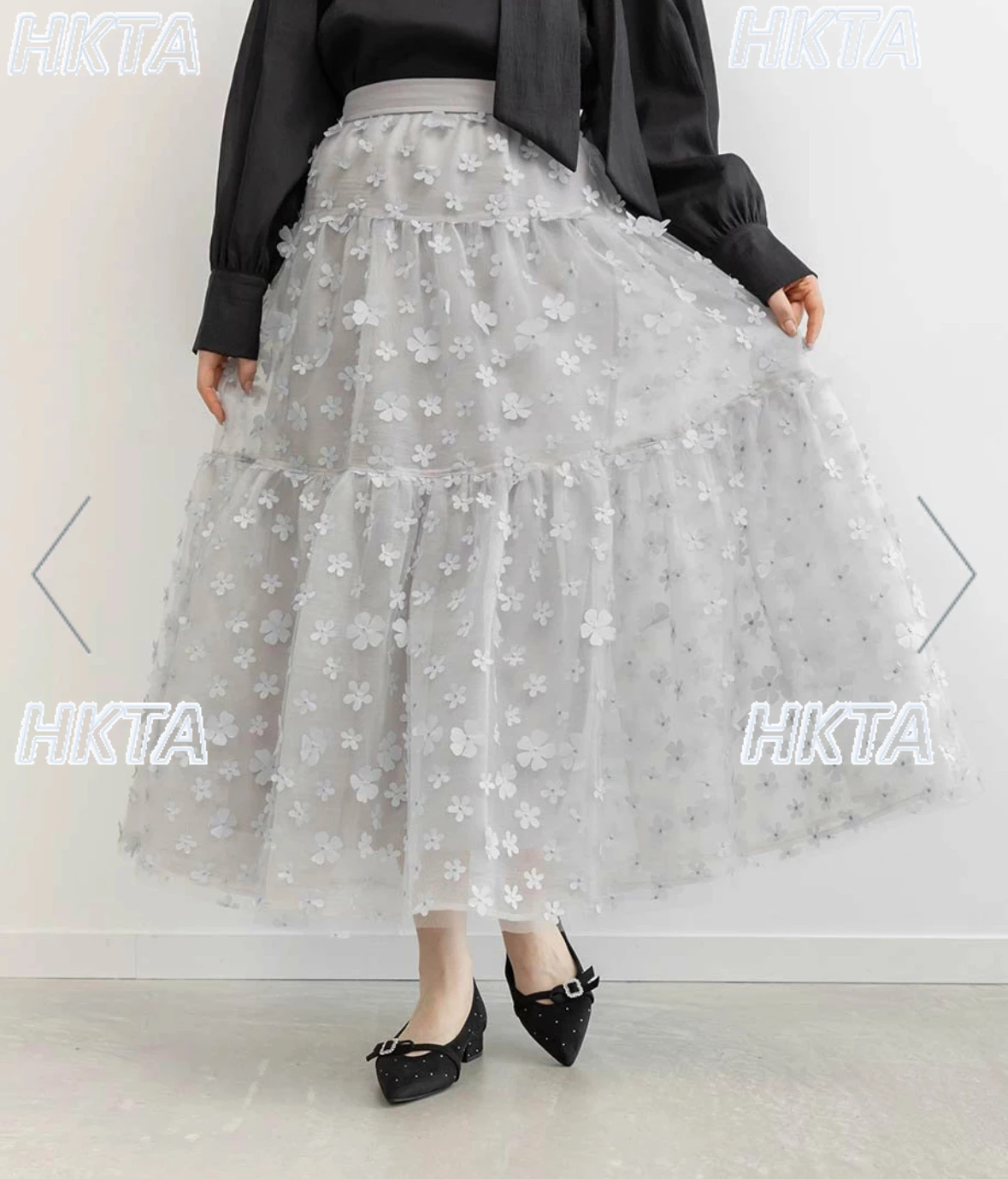 

Japanese Style Autumn New Three-Dimensional Flower Mesh Skirts Women Elegant Commuting Daily Versatile Gray Skirt for Female