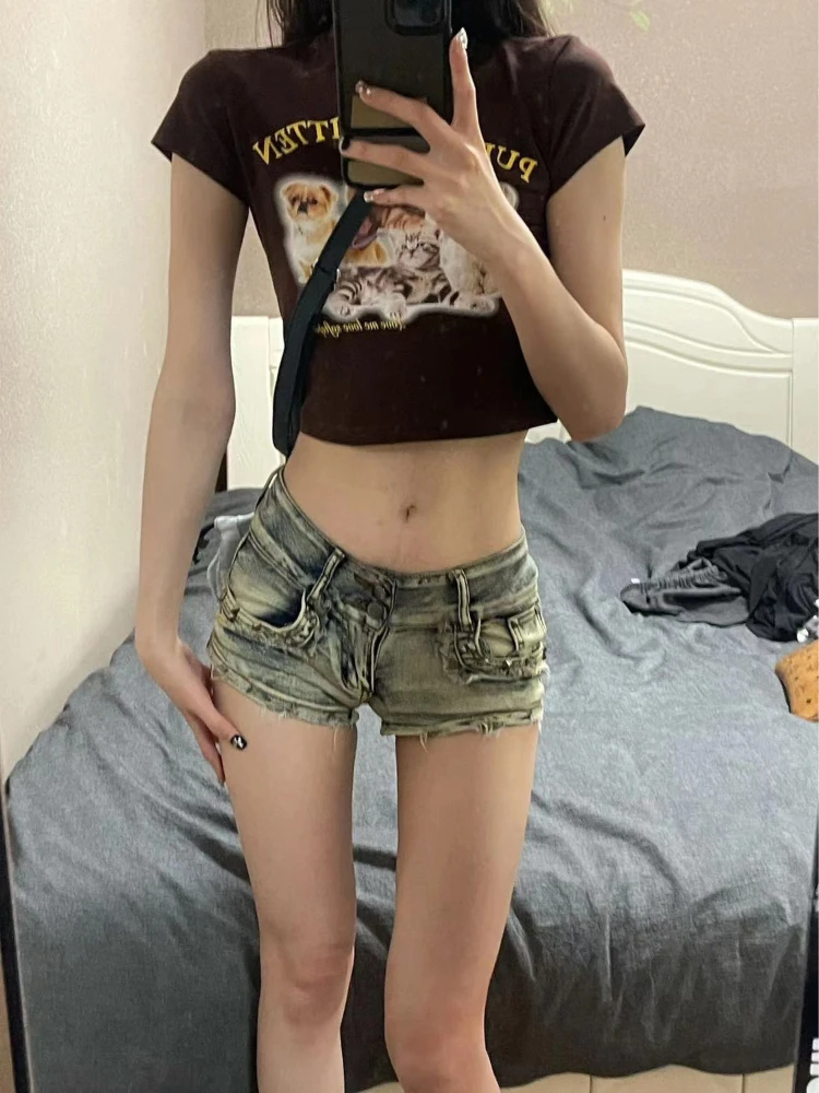 Szorty Damskie Y2k Punk Styl Amerykański Sexy Nit Vintage Denim Moda Gotyk Klub Odzież Kieszenie Niska Talia Retro Lato Estetyka