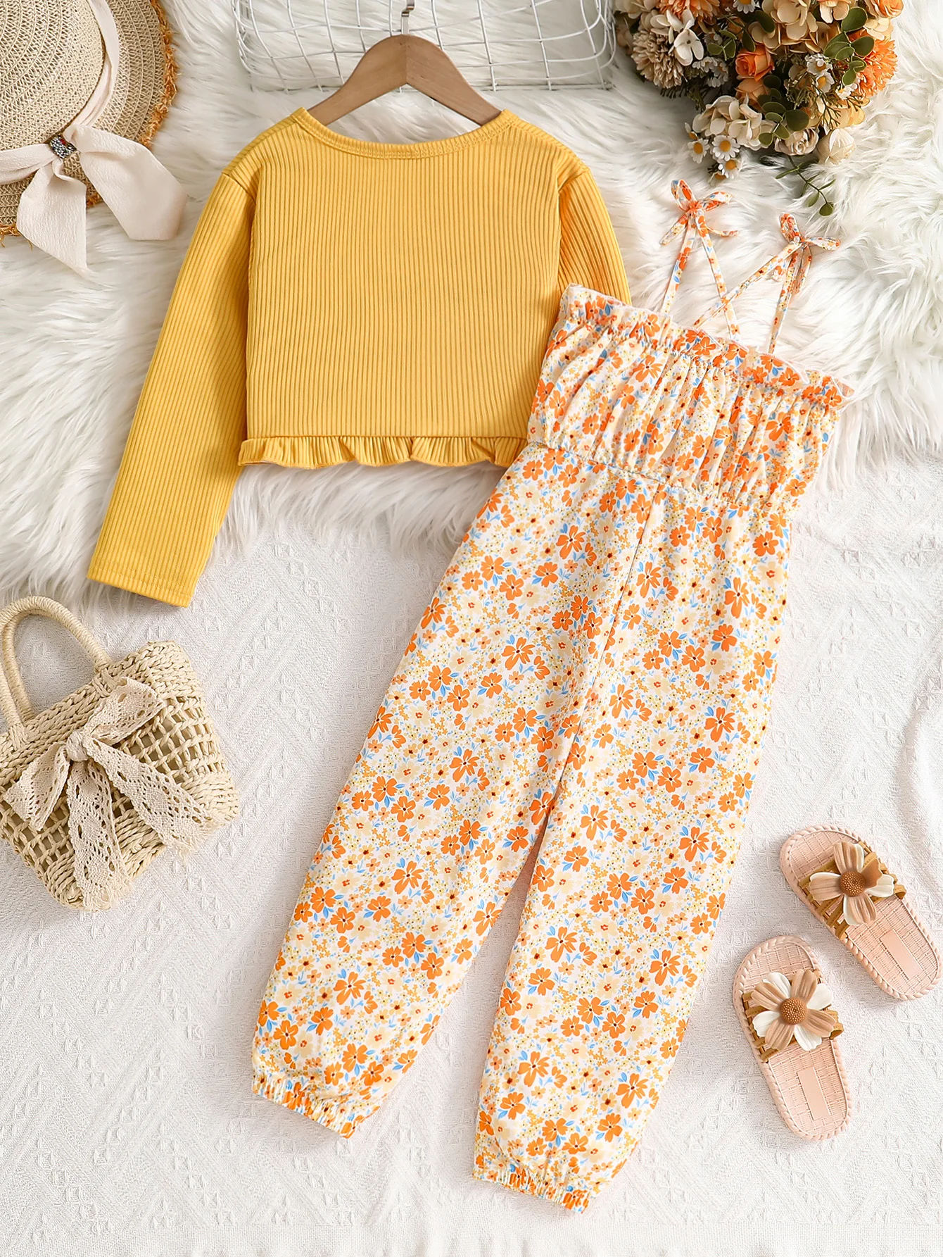 Spring, Summer, and Autumn Girls' Cute Floral Jumpsuit Set, Floral Suspender Lantern Pants + Solid Color Long-Sleeved Short Shawl 2-Piece Set, Girls' Daily Casual Trendy Clothing