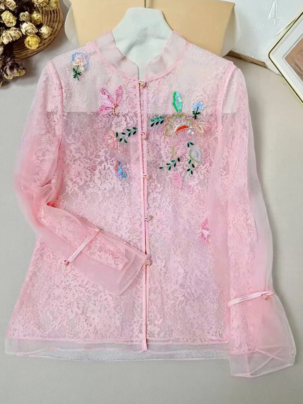 Elegant New Chinese Style Silk Chiffon Lace Shirt Embroidered Beads Double Beauty Meiren Spring Summer Women's Top