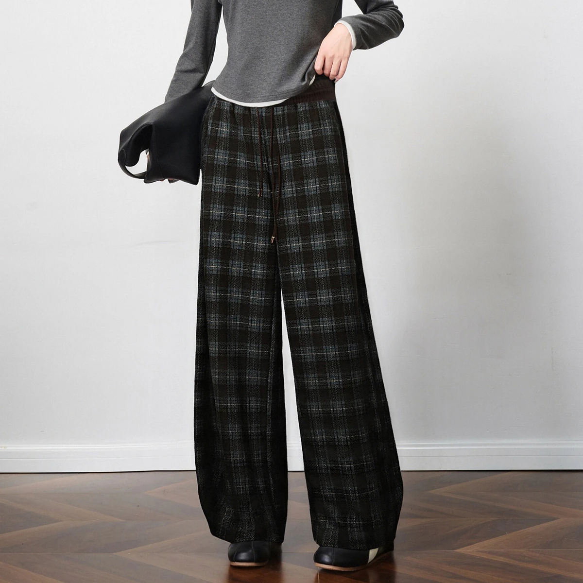 OLrain Women's Contrast Color Plaid Trousers 2025 Autumn Wool Blend Scimitar Cut Pant Lazy Loose Fit Casual Bottoms O57DK002261