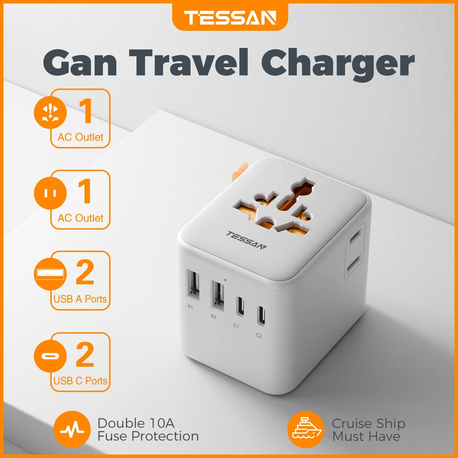 Tessan Universal Travel Adapter with 2 AC Sockets 2 USB A Ports and 2 USB C Ports 20 W International Portable Adapter To Travel