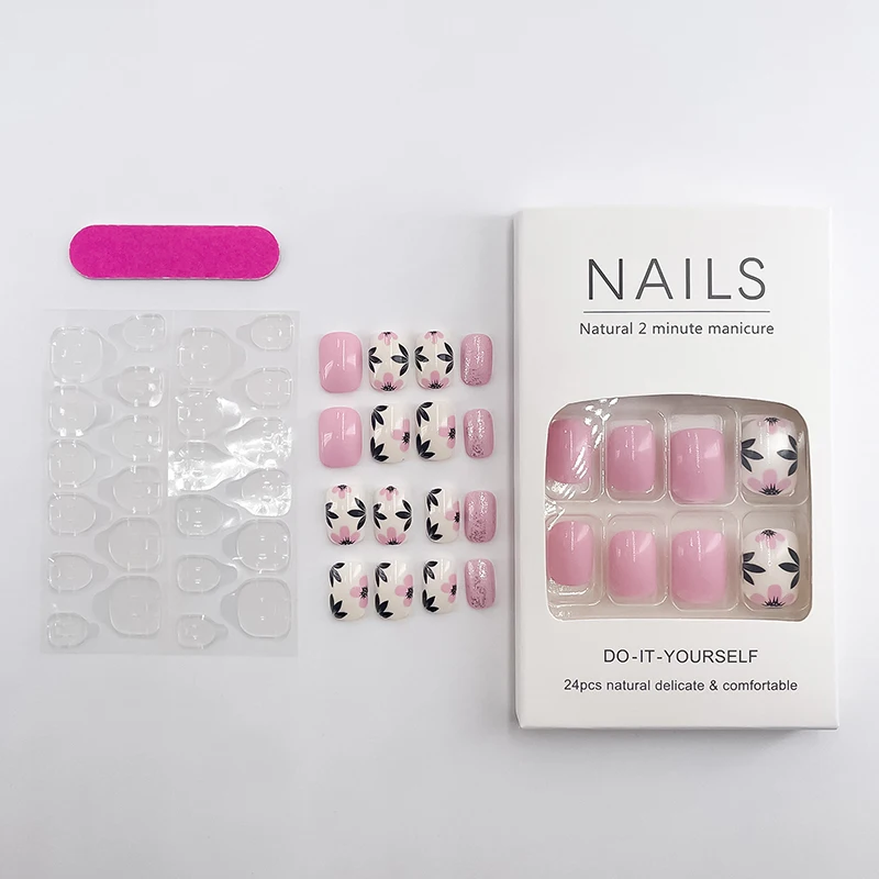 24 Uds. De flores rosas degradadas, juego de uñas artificiales simples y bonitas de estilo fresco con pegatinas de uñas postizas extraíbles, prensa en las uñas