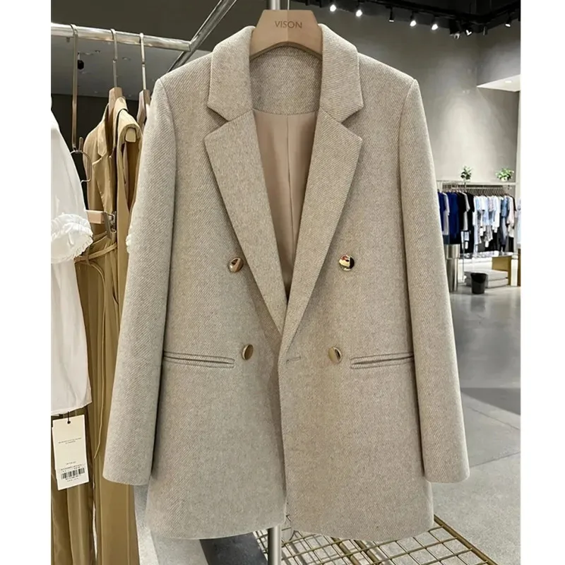 2024 Autumn Winter New Beige Metal button down Woolen Suit Jacket British style Medium length Female Casual Coat