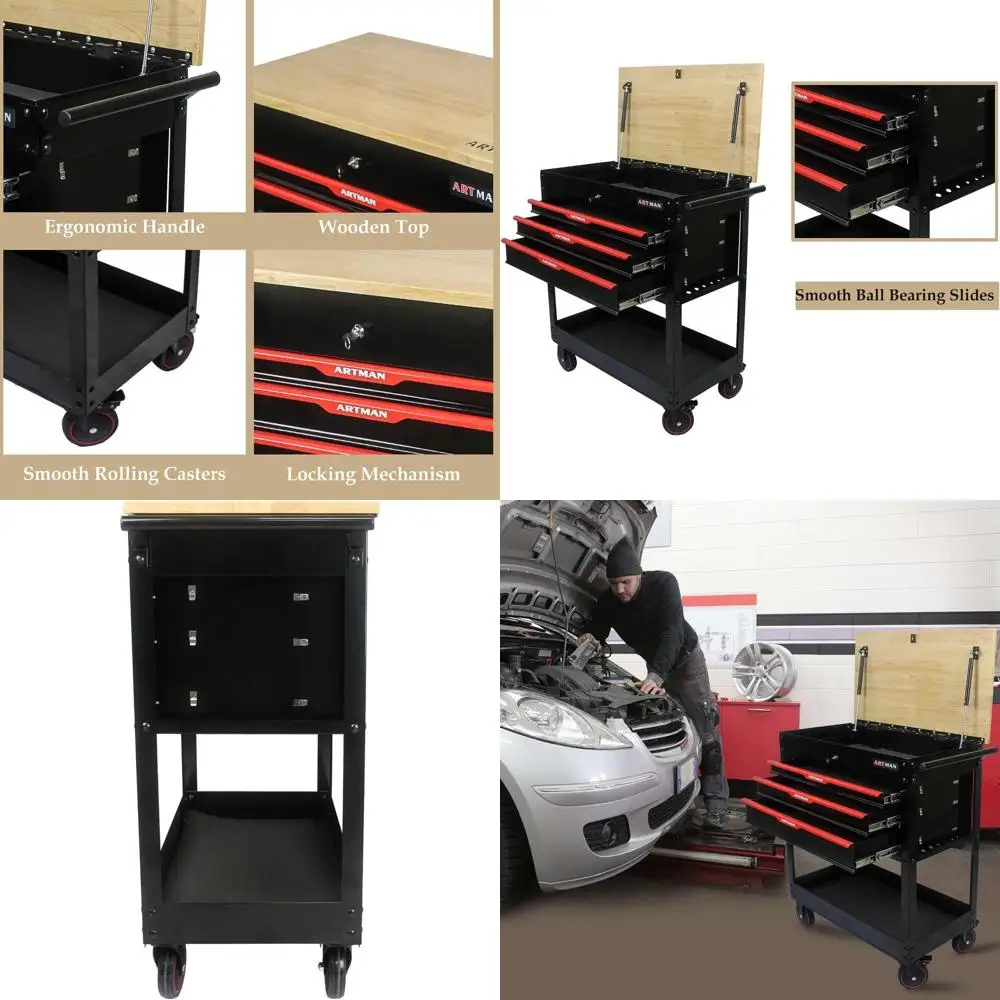 

Верстак на колесиках с 3 ящиками и деревянной столешницей, прочный шкаф на роликах, запираемый для использования в гараже и на складе